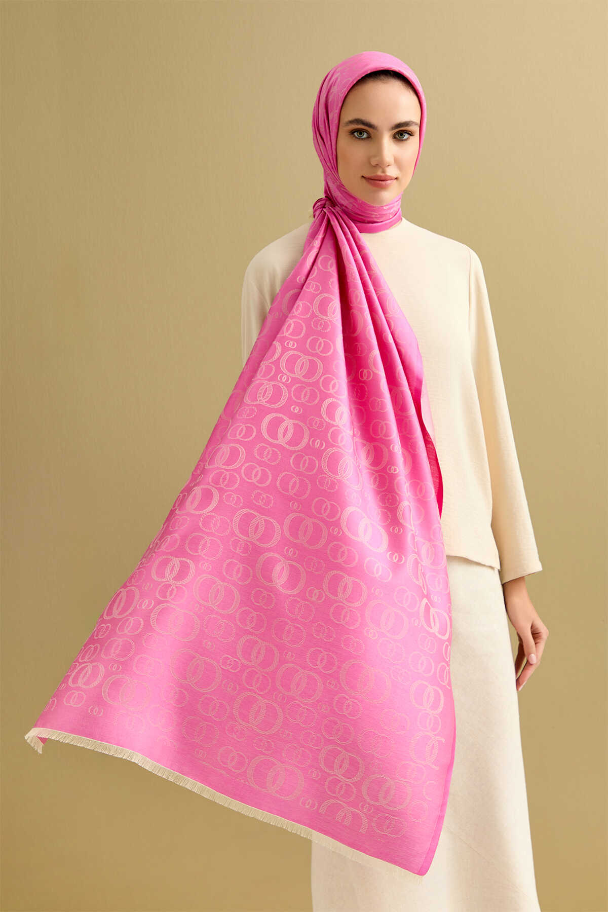 Noor Pembe Jakarlı İpek Şal 70x200