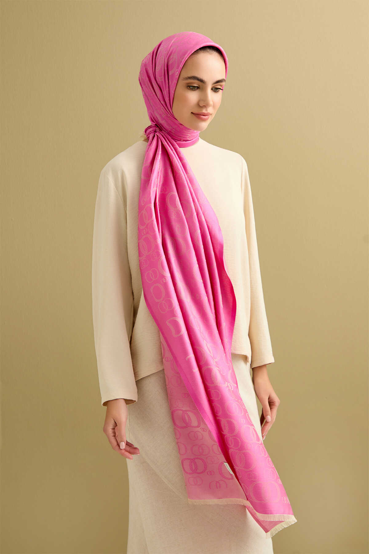 Noor Pembe Jakarlı İpek Şal 70x200