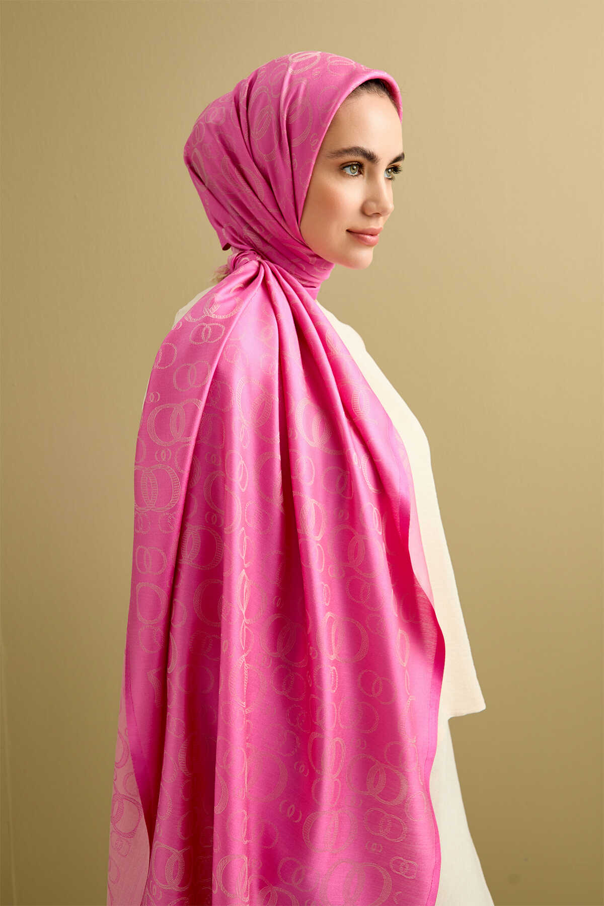 Noor Pembe Jakarlı İpek Şal 70x200