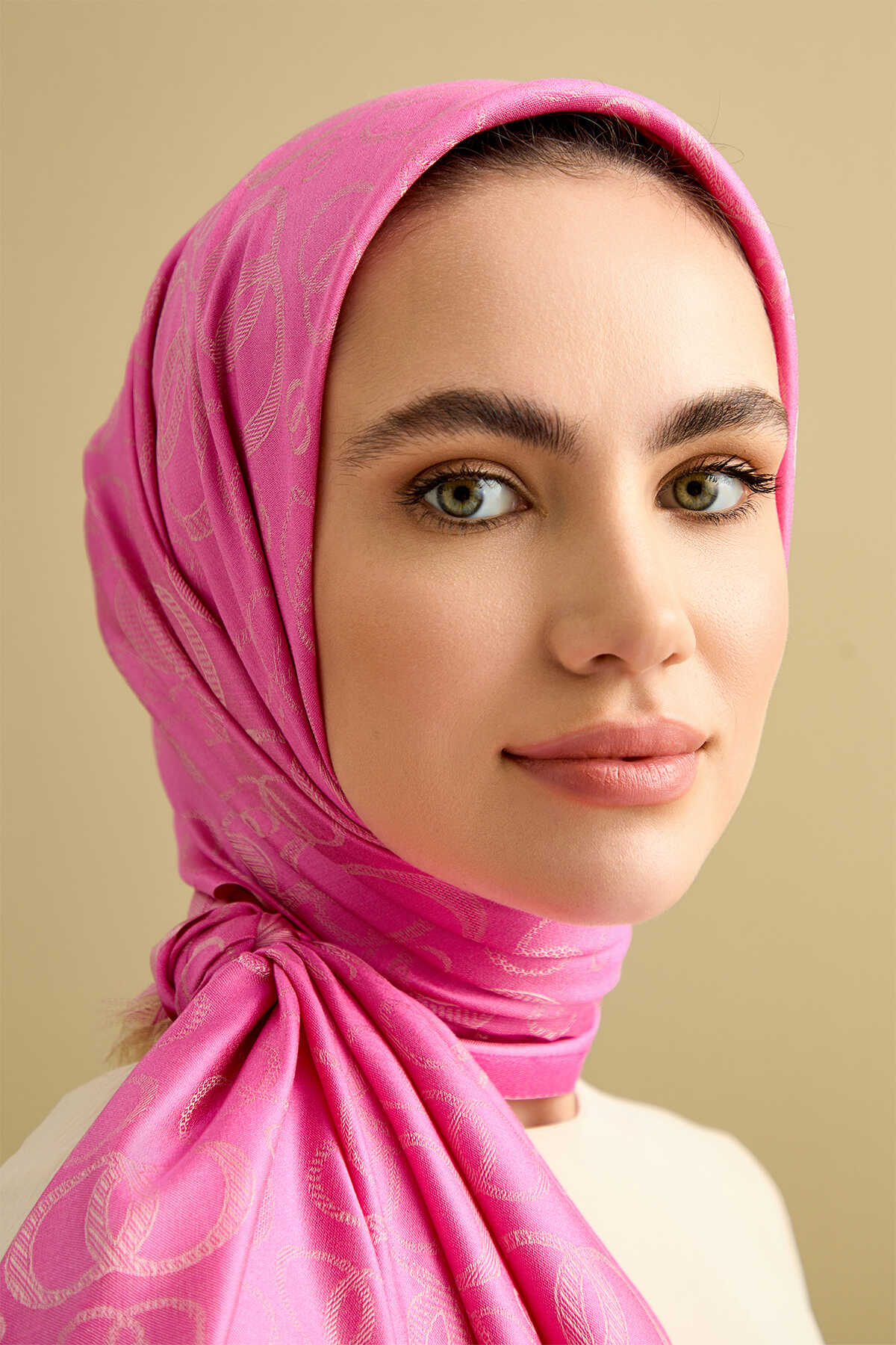 Noor Pembe Jakarlı İpek Şal 70x200