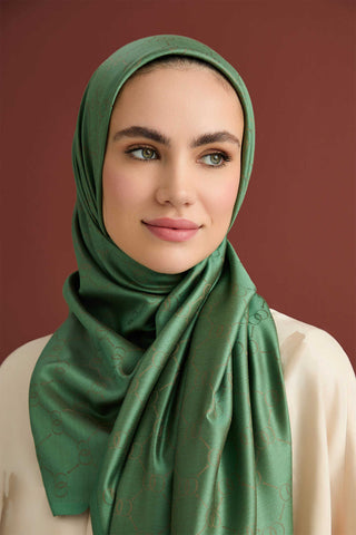 Noor Petek Koyu Yeşil Jakarlı İpek Şal 70x200