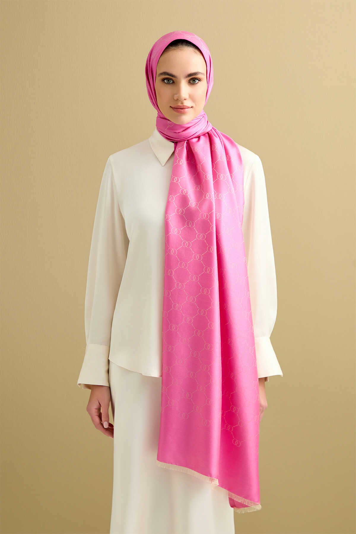 Noor Petek Pembe Jakarlı İpek Şal 70x200