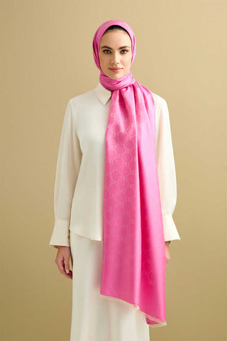 Noor Petek Pembe Jakarlı İpek Şal 70x200