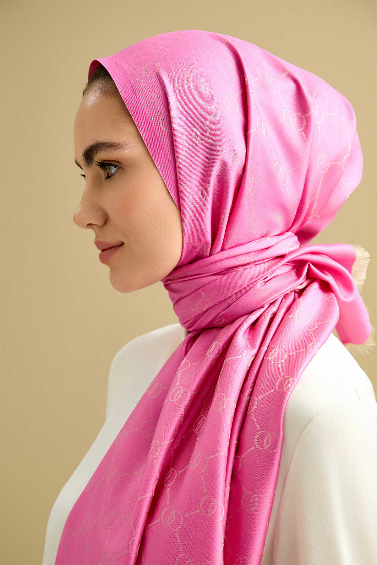 Noor Petek Pembe Jakarlı İpek Şal 70x200