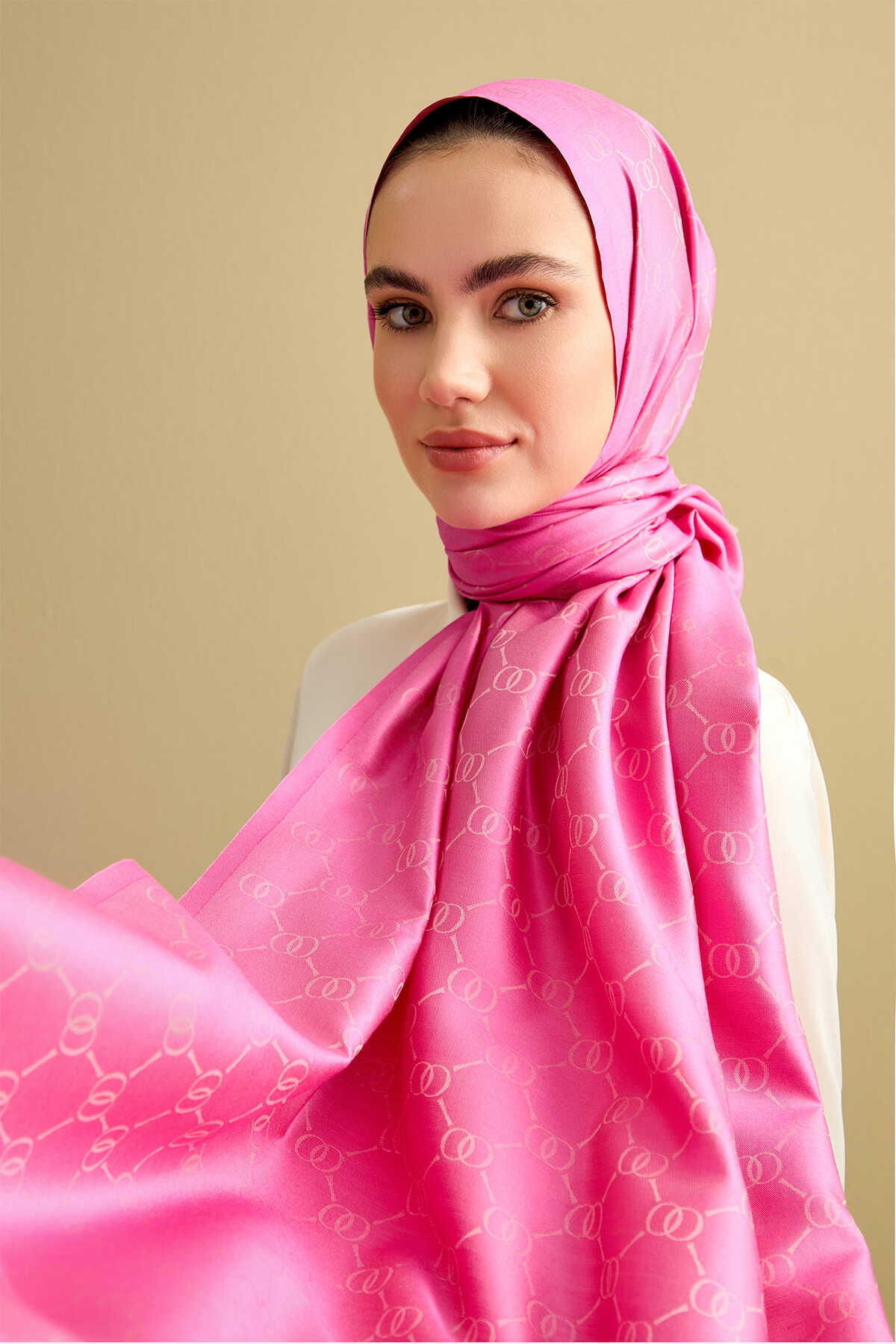 Noor Petek Pembe Jakarlı İpek Şal 70x200