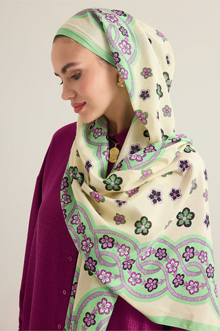 Örgü Yeşil-Lila Floş Pamuk Şal 70x210