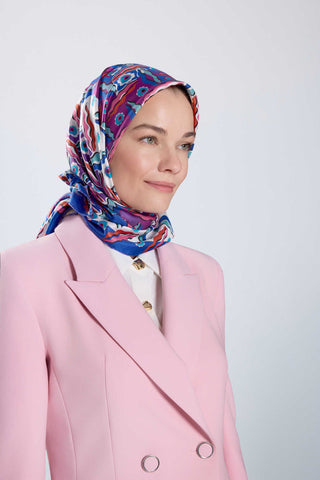 Pelenk Mor-Pembe Çift Taraflı Tivil İpek Eşarp 90x90