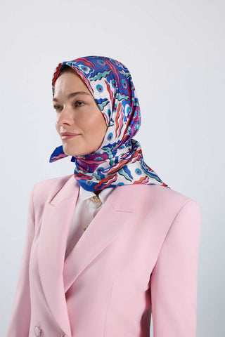 Pelenk Mor-Pembe Çift Taraflı Tivil İpek Eşarp 90x90