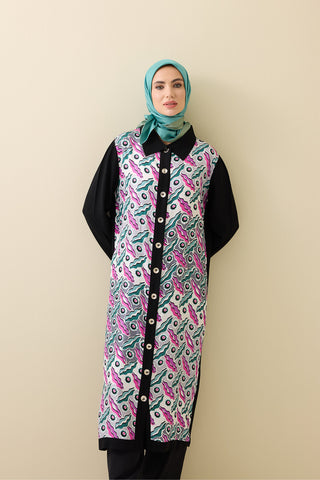 Pelenk Siyah-Pembe İpek Triko Gömlek Elbise