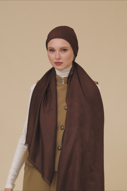 Noor Petek Kahve Jakarlı İpek Şal 70x200