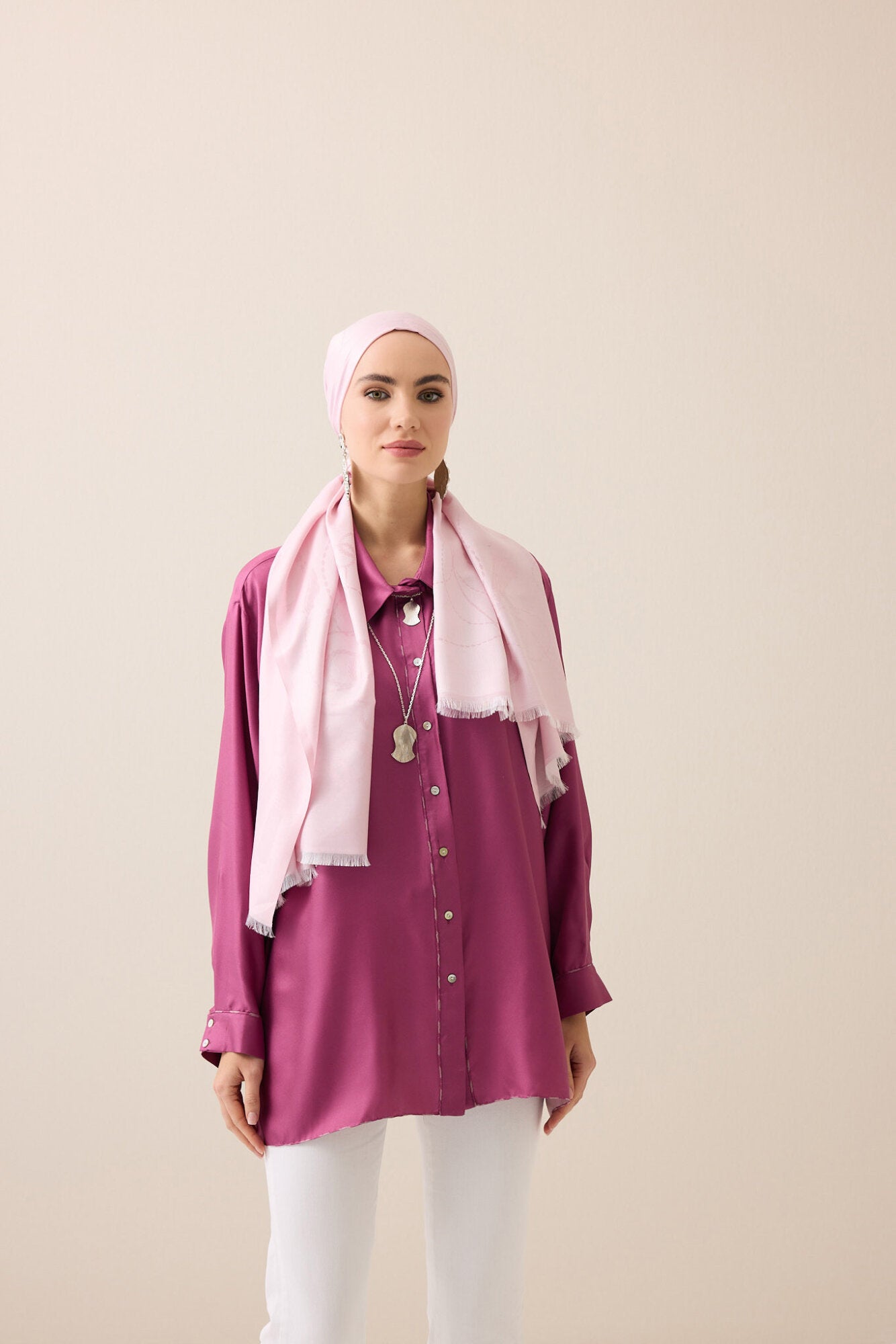 Püskül Noor Toz Pembe Jakar İpek Şal 70x200