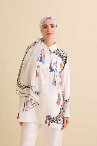 Püskül Noor Beyaz İpek Gömlek Pijama
