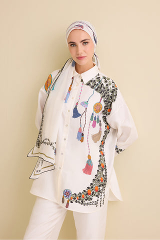 Püskül Noor Beyaz İpek Gömlek Pijama