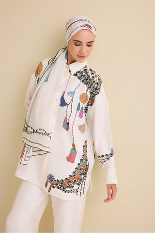 Püskül Noor Beyaz İpek Gömlek Pijama