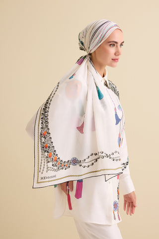 Püskül Noor Beyaz Krep İpek Pijama Şalı 70x210