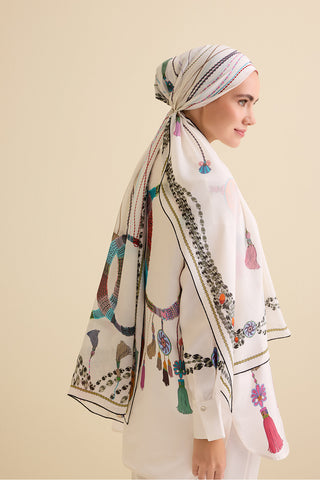 Püskül Noor Beyaz Krep İpek Pijama Şalı 70x210