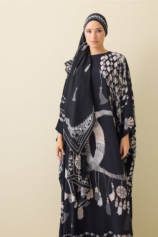 Püskül Noor Siyah Krep İpek Kaftan Şalı 70x210