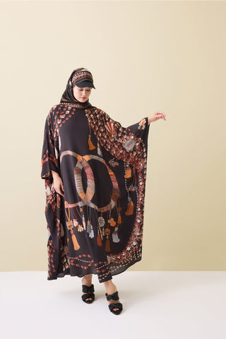 Püskül Noor Kahverengi Krep İpek Kaftan
