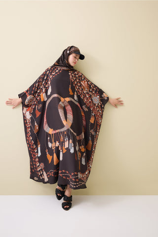 Püskül Noor Kahverengi Krep İpek Kaftan