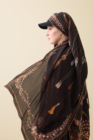 Püskül Noor Kahverengi Krep İpek Kaftan Şalı 70x210