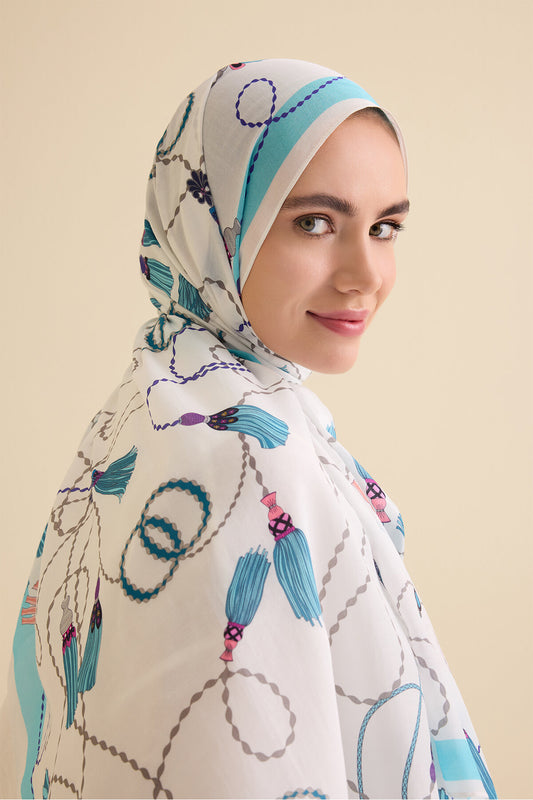 Püskül Noor Mavi Floş Pamuk Şal 70x210