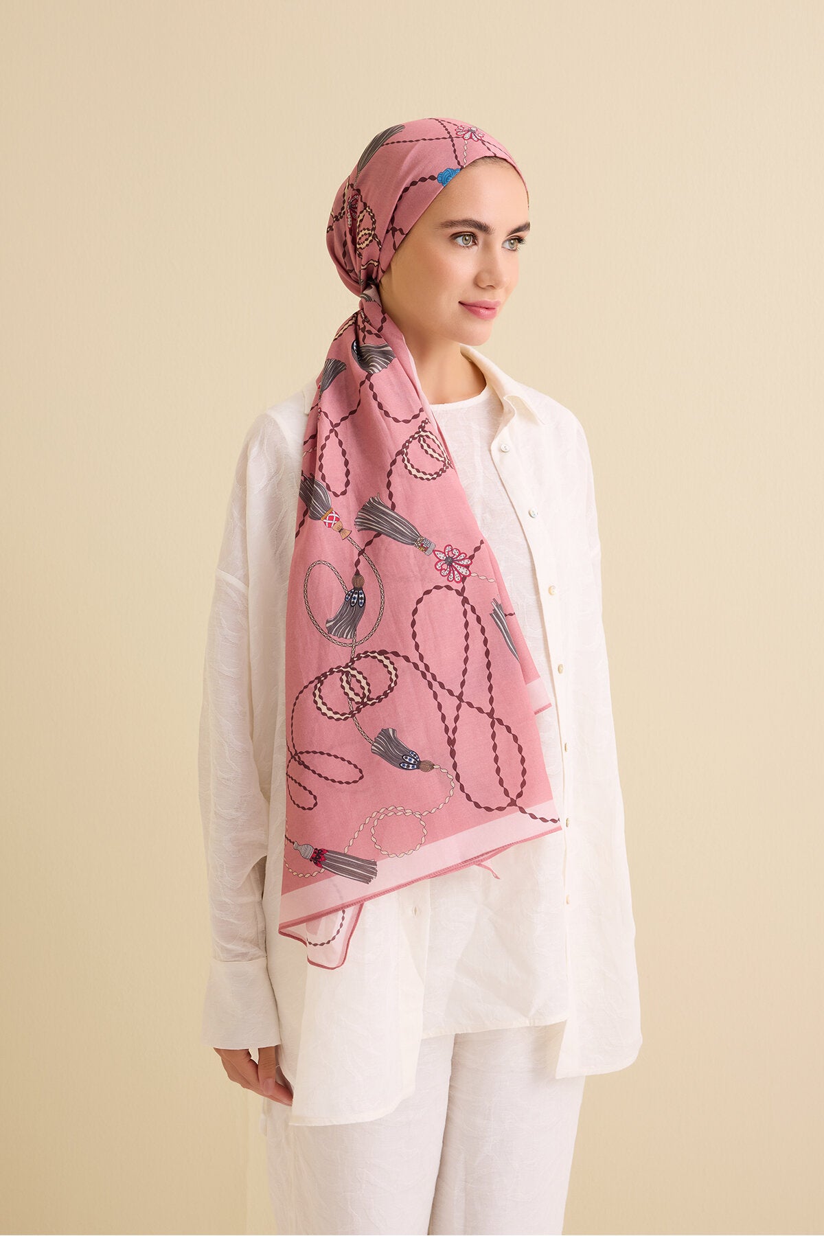 Püskül Noor Pembe Floş Pamuk Şal 70x210