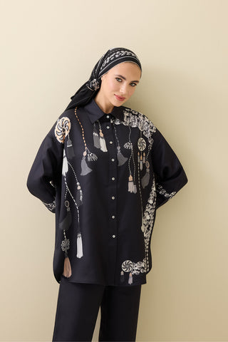 Püskül Noor Siyah-Beyaz İpek Gömlek Pijama