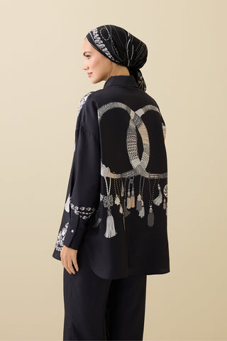Püskül Noor Siyah-Beyaz İpek Gömlek Pijama