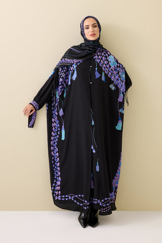 Püskül Noor Siyah-Fuşya Krep İpek Abaya