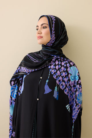 Püskül Noor Siyah-Fuşya Krep İpek Abaya