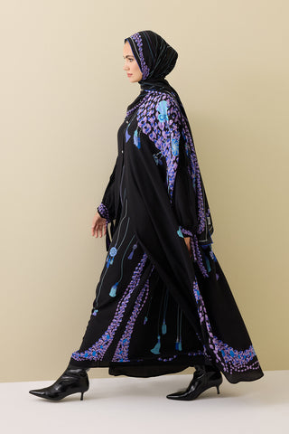 Püskül Noor Siyah-Fuşya Krep İpek Abaya