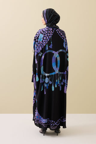 Püskül Noor Siyah-Fuşya Krep İpek Abaya