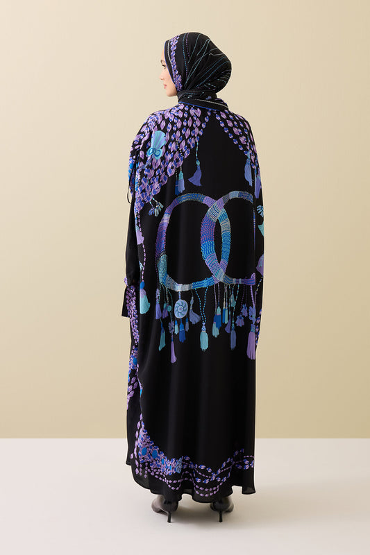 Püskül Noor Siyah-Fuşya Krep İpek Abaya