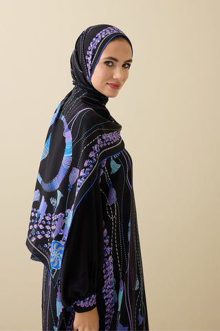 Püskül Noor Siyah-Fuşya Krep İpek Abaya Şalı 70x210