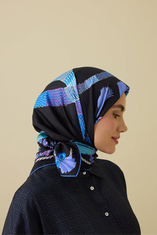 Püskül Noor Siyah-Fuşya Tivil  İpek Eşarp 90x90