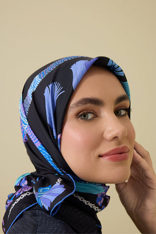 Püskül Noor Siyah-Fuşya Tivil  İpek Eşarp 90x90