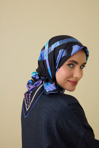Püskül Noor Siyah-Fuşya Tivil  İpek Eşarp 90x90