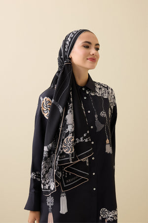 Püskül Noor Siyah-Gri Krep İpek Pijama Şalı 70x210
