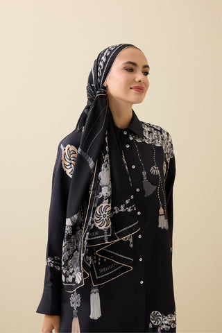 Püskül Noor Siyah-Gri Krep İpek Pijama Şalı 70x210