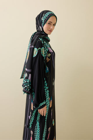 Püskül Noor Siyah-Yeşil Krep İpek Elbise