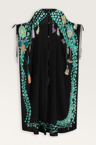 Püskül Noor Siyah-Yeşil Krep İpek Abaya