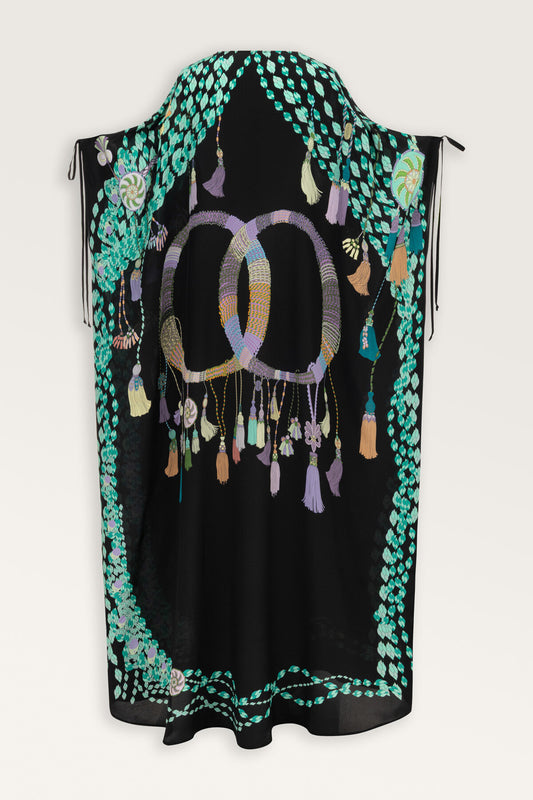 Püskül Noor Siyah-Yeşil Krep İpek Abaya