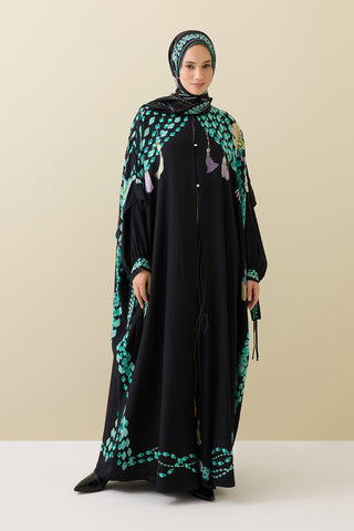 Püskül Noor Siyah-Yeşil Krep İpek Abaya