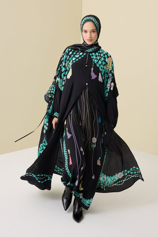 Püskül Noor Siyah-Yeşil Krep İpek Abaya
