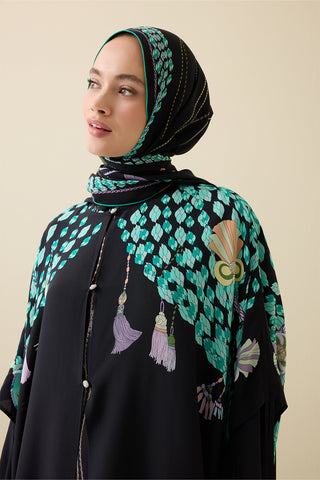 Püskül Noor Siyah-Yeşil Krep İpek Abaya