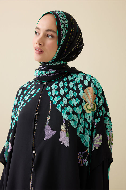 Püskül Noor Siyah-Yeşil Krep İpek Abaya