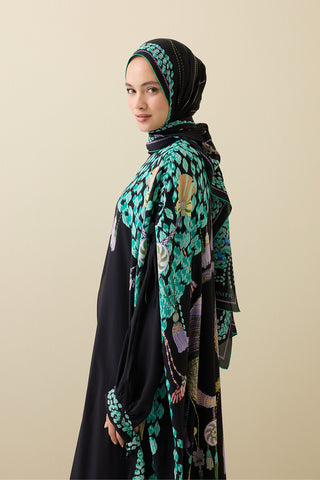 Püskül Noor Siyah-Yeşil Krep İpek Abaya