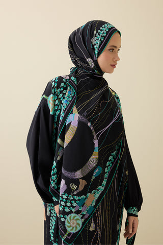 Püskül Noor Siyah-Yeşil Krep İpek Abaya Şalı 70x210