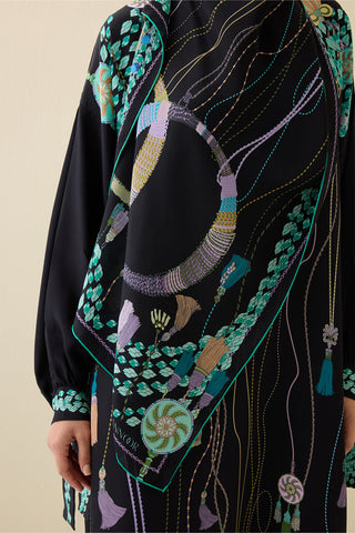 Püskül Noor Siyah-Yeşil Krep İpek Abaya Şalı 70x210