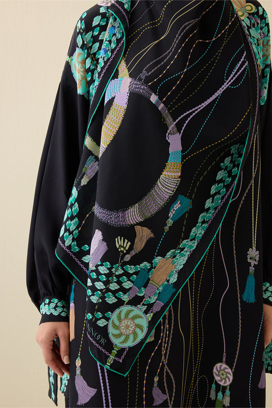 Püskül Noor Siyah-Yeşil Krep İpek Abaya Şalı 70x210